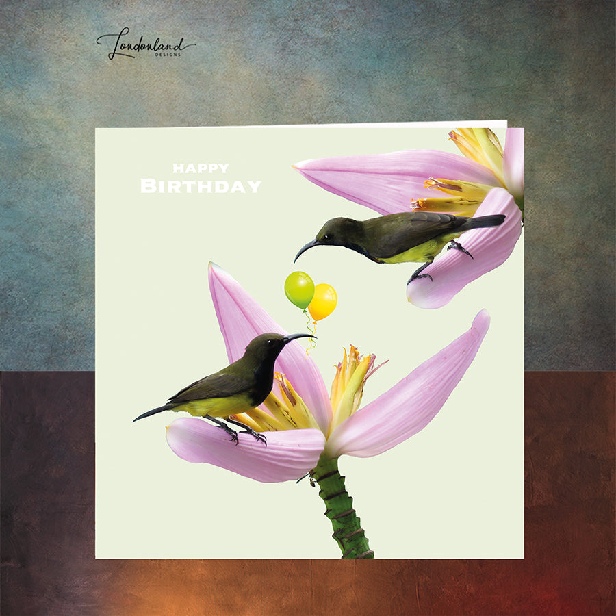Humming bird Birthday Card with tropical Thai flowers & balloons