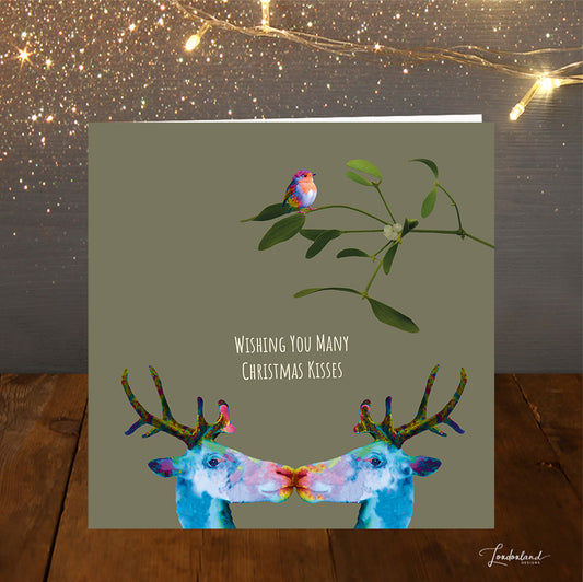 Christmas Wishes & Kisses. Christmas Card of kissing reindeers