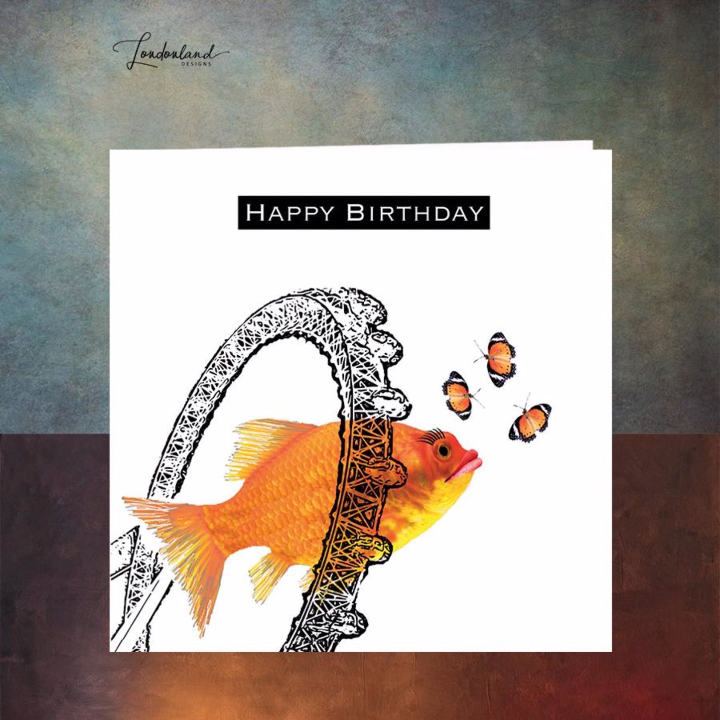 London Fish Eye Birthday Card. Fish swing thought the London Eye.