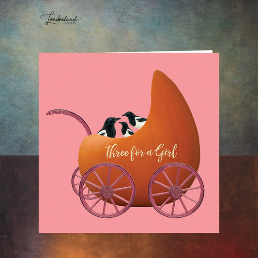 Pumpkin Pram Girl New Baby Card with three magpies