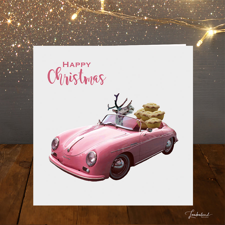 Mince Pie Delivery Christmas Card with pink sports car carrying mince pies