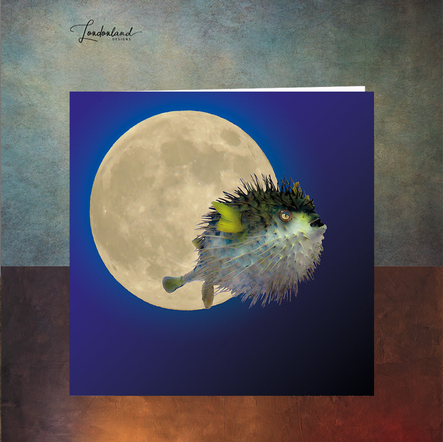 Moon Puff Blue Greeting Card with Puffer Fish