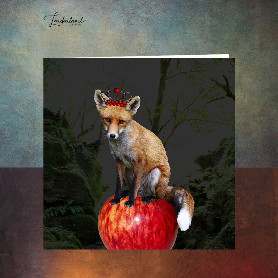 Fox with Crown sitting on a red apple Greeting Card