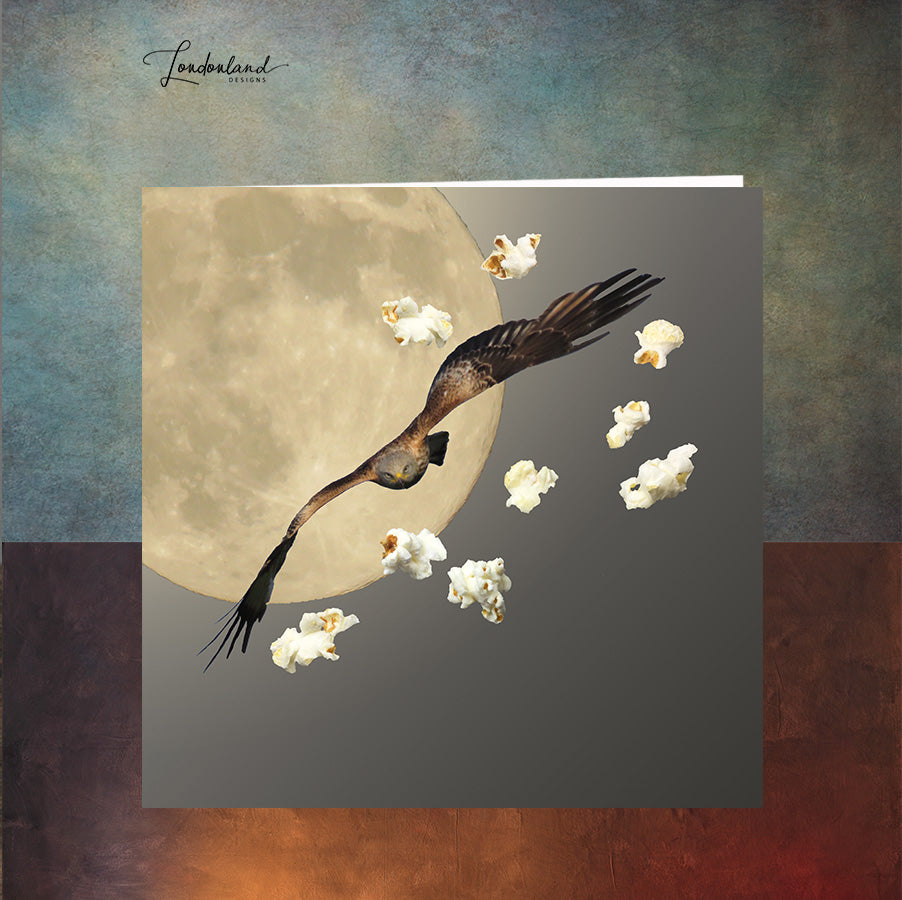 Into The Night, Flying Red Kite Bird Moon & Popcorn Clouds, Greeting Card