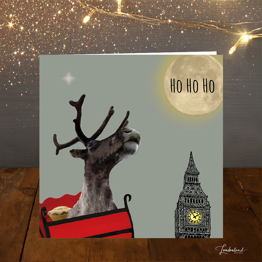 Ho Ho Ho London Christmas Card with reindeer in sleigh with Big Ben and moon in background