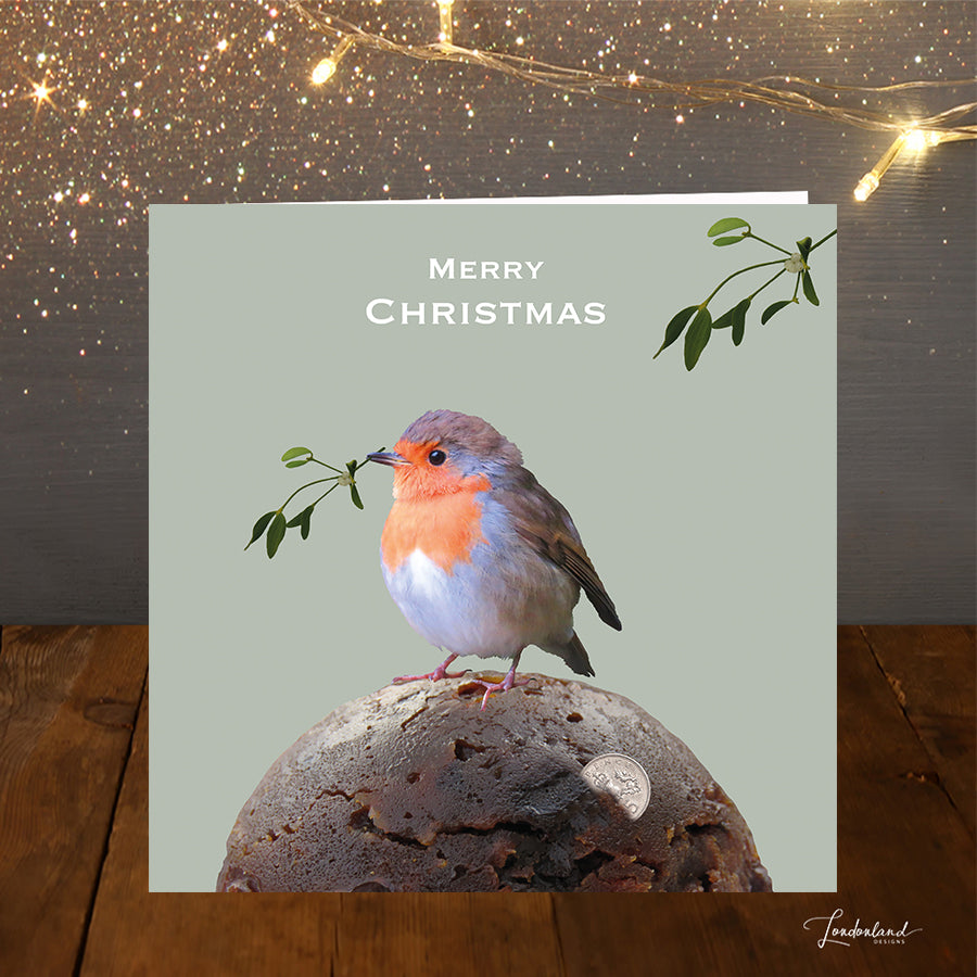 Robin sitting on a Christmas pudding Christmas Card