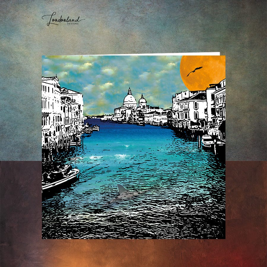 Venetian Fin Greeting Card. A shark swimming in Venice, Italy.